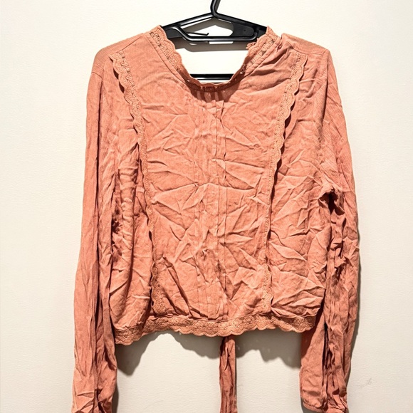Self Esteem Juniors Pleated Lace Trim Blouse | | Long Sleeve shirt Toasted Nut - Picture 6 of 7